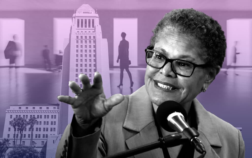Collage with a smiling woman speaking into a microphone in the foreground, silhouettes of business people walking in an office lobby, and a tall civic building in the background.