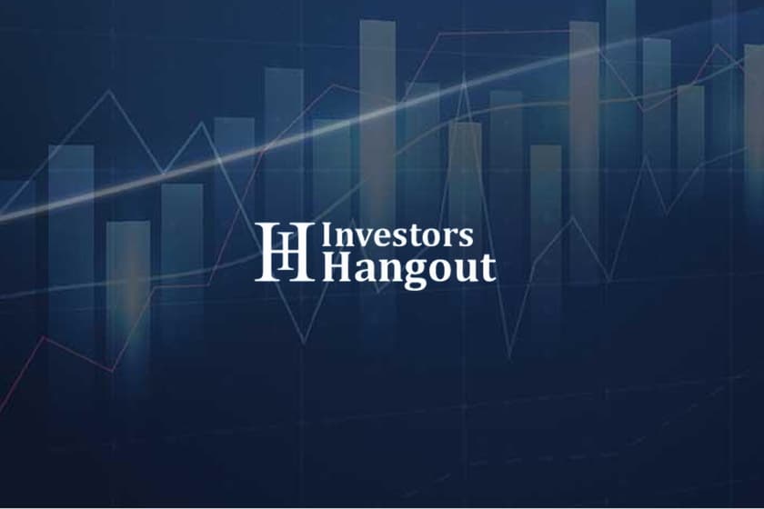 Graphic with a dark blue background featuring vertical and diagonal translucent bar and line chart elements, with the text ‘Investors Hangout’ in white centered over the chart.