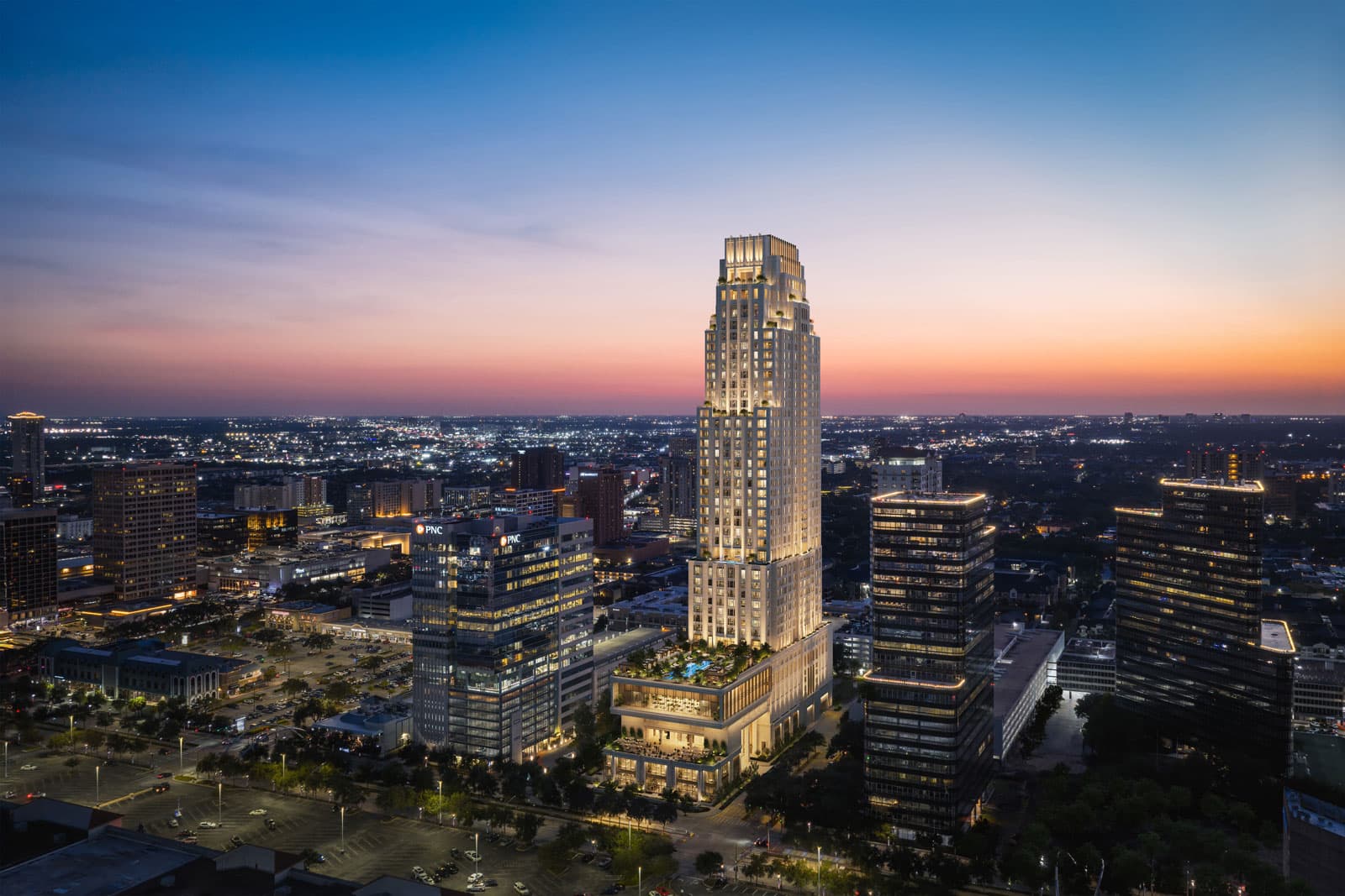 Architectural rendering of The Ritz-Carlton Residences, Houston, showing a tall modern residential tower with illuminated crown and stepped upper floors rising above surrounding city buildings at dusk.